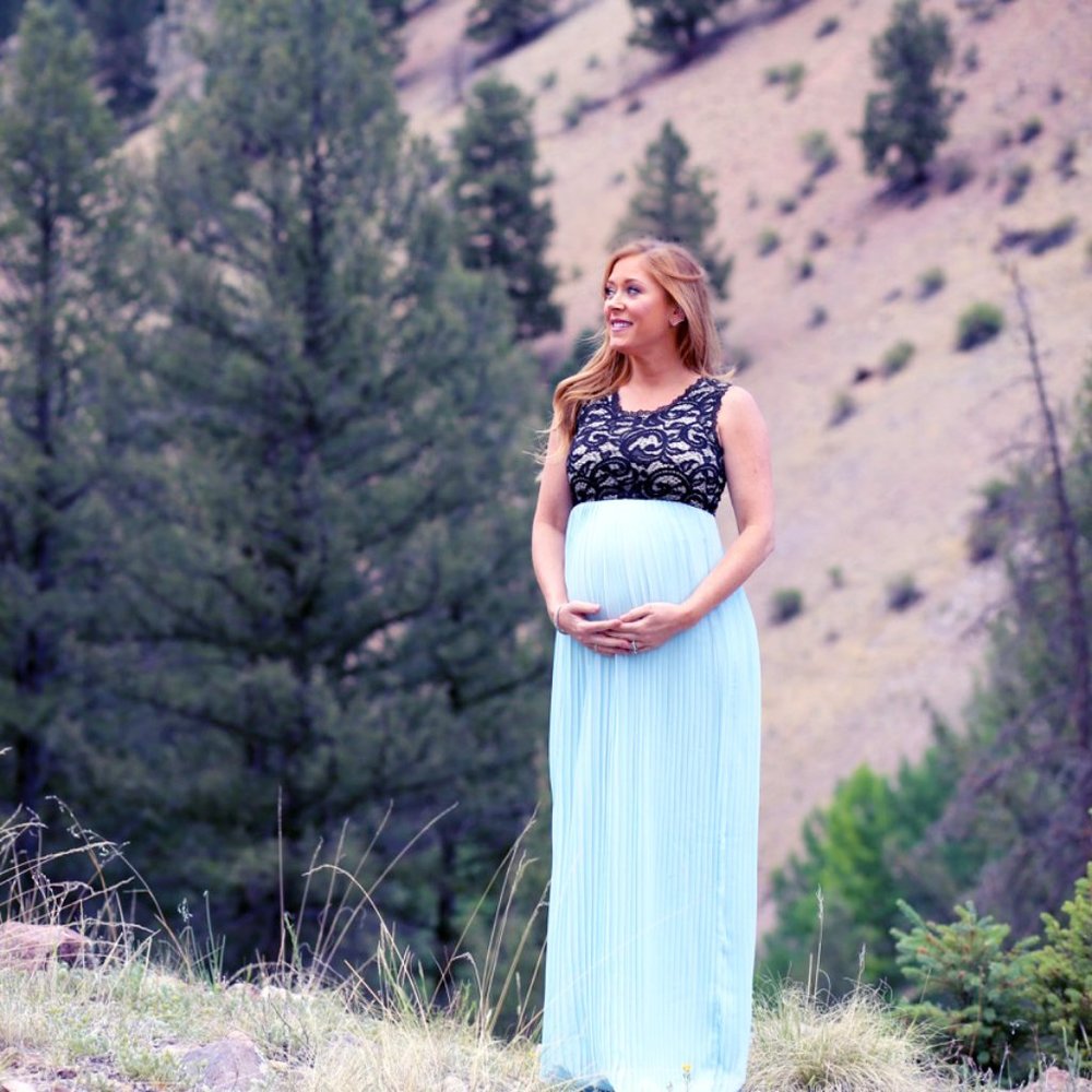 Aqua Pleated Chiffon Lace Maternity Maxi Dress NWT